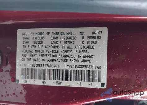 2007 Honda Accord 3.0 Ex z USA, uszkodzony, nr VIN 1HGCM66517A094631